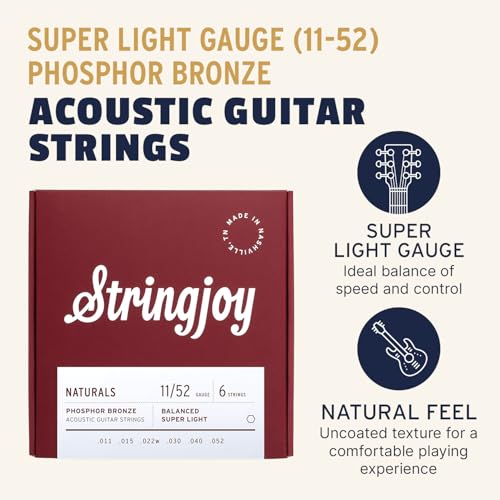 Stringjoy NB1152 Naturals Phosphor Bronze Acoustic Guitar Strings, 11-52 Durable Super light Gauge Acoustic Guitar Strings, Premium Guitar Strings Acoustic 6 String Set for Clear Tones - Image 2