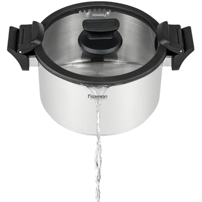 Fissman Stockpot With Glass Lid Stainless Steel MultiLayer Capsule Induction Bottom With Drain Spouts Transparent Lid DamageResistant Glass Lid With Steam Release 18X11 Cm25 Ltr - Image 3