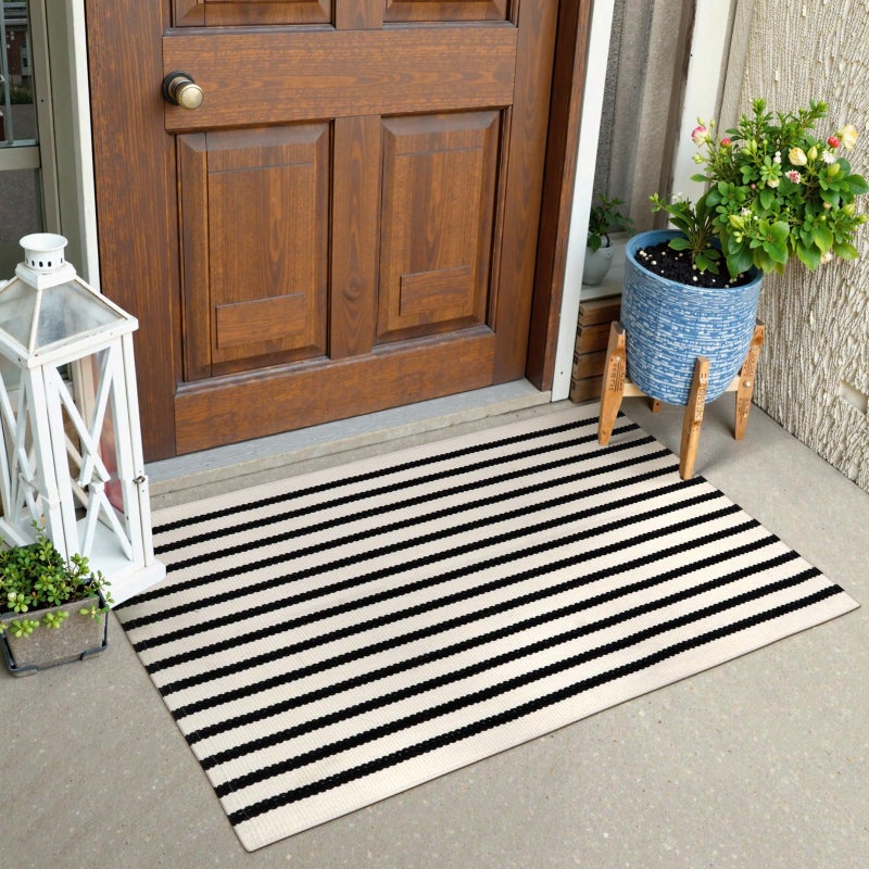 Collive Black and White Striped Door Mat 24x35 Cotton Hand Woven Welcome Entryway RugWashable Small Porch Spring Decor Welcome Door Mat for Indoor Outdoor Kitchen Farmhouse Entrance