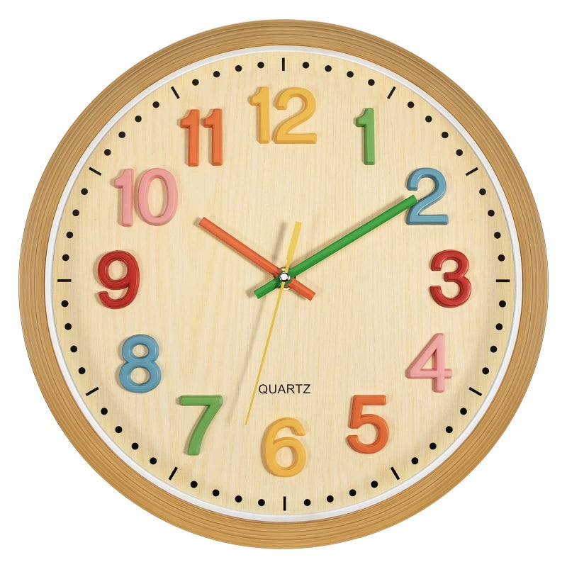 Foxtop Silent Kids Wall Clock NonTicking Battery Operated Colorful Childrens Clock for Classroom Playroom Nursery Bedrooms Kids Room 3D Numbers 12 inch