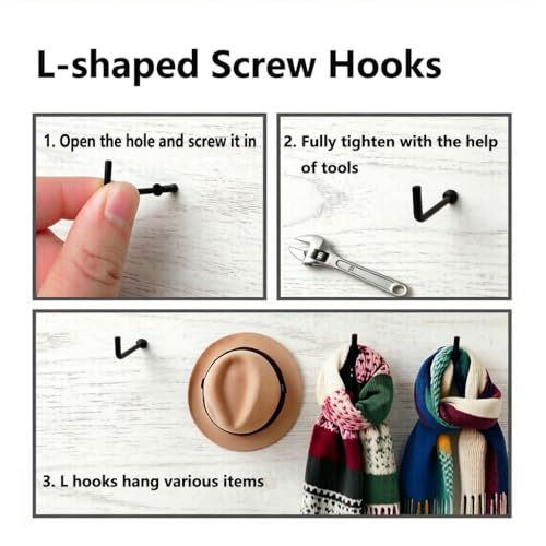 ANDILIKE 150 PCS 7 Shaped Right Angle Screw Hooks Sets,Black 6 Sizes Screw in L Shaped Hooks for Hanging Lamp,Plants,Decorations,kitchenware and DIY Crafts,(1/2",5/8",3/4",7/8",1",1-1/4") - Image 5