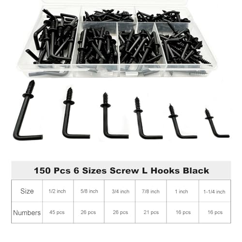 ANDILIKE 150 PCS 7 Shaped Right Angle Screw Hooks Sets,Black 6 Sizes Screw in L Shaped Hooks for Hanging Lamp,Plants,Decorations,kitchenware and DIY Crafts,(1/2",5/8",3/4",7/8",1",1-1/4") - Image 3