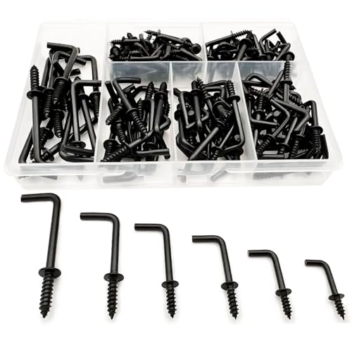 ANDILIKE 150 PCS 7 Shaped Right Angle Screw Hooks Sets,Black 6 Sizes Screw in L Shaped Hooks for Hanging Lamp,Plants,Decorations,kitchenware and DIY Crafts,(1/2",5/8",3/4",7/8",1",1-1/4") - Image 1
