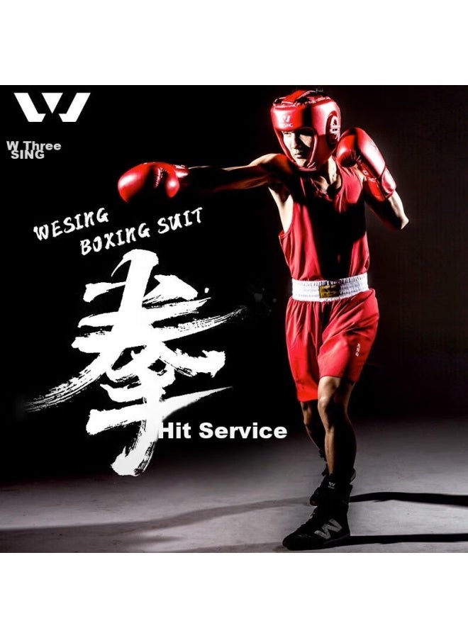 Nine Day Mountain Jiurishan Boxing Gloves, Professional Compeion Training Uniform For Men And Women, Martial Arts Sanda Fighting Muay Thai Sports Set, Red Vest, Size L - Image 1