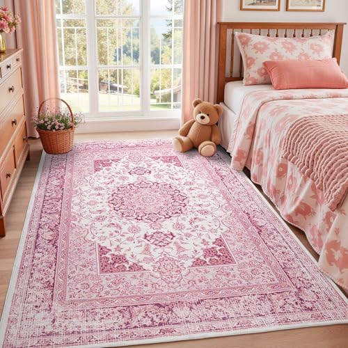 Macgace 5x7 Bright Pink Area Rug for Living Room Machine Washable Rugs with NonSlip Backing for Girls Bedroom Cute Vintage Carpet for Kitchen Laundry Kids Room - Image 1