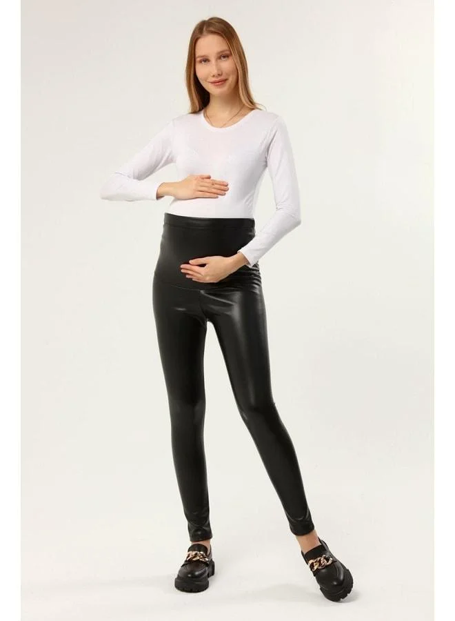LuvmaBelly Myra8081 Leather Thermal Heat-Retaining Adjustable-Waist Maternity Leggings.