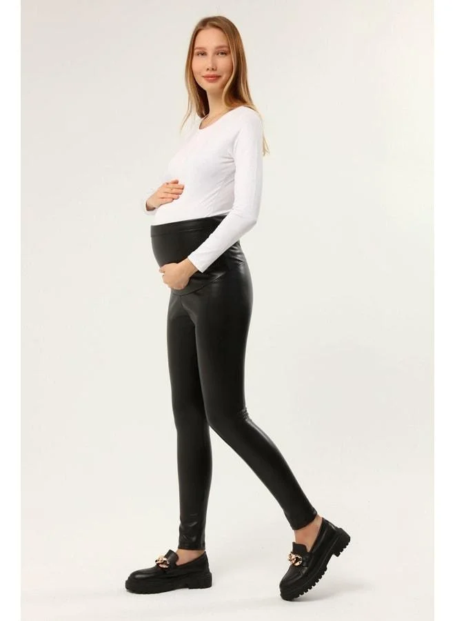 LuvmaBelly Myra8081 Leather Thermal Heat-Retaining Adjustable-Waist Maternity Leggings.