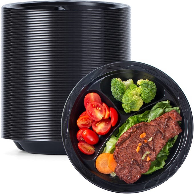 REUSABLE PLASTIC PLATES 9 INCH 3 COMPARTMENTS 150 PACK FOOD GRADE MATERIAL BPA FREE MFPP BLACK DINNER TRAY