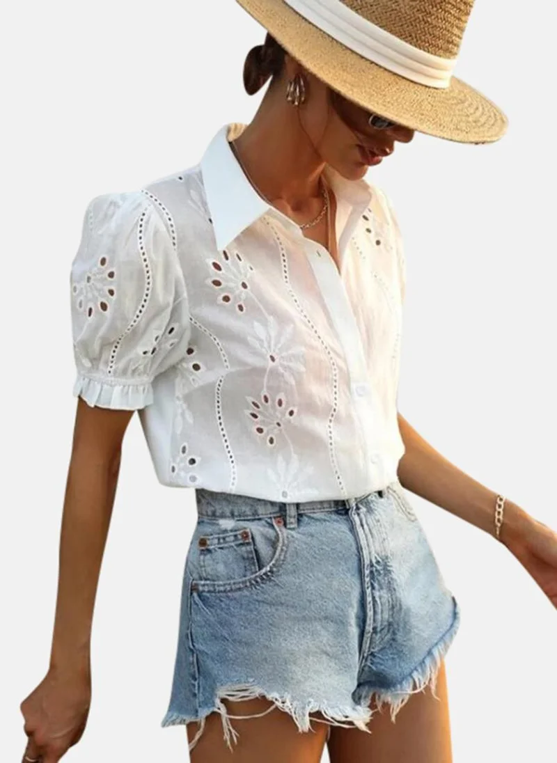 YUNIQEE White Shirt Collar Short Sleeves Tops