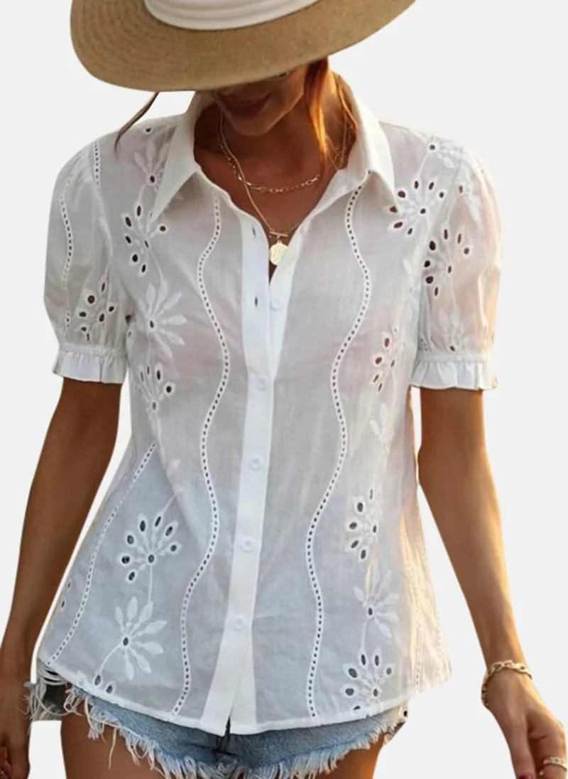 YUNIQEE White Shirt Collar Short Sleeves Tops