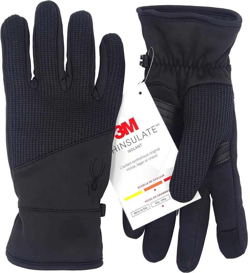 Spyder Core Conduct Gloves, Black, Size Medium, Touchscreen Compatible, Leather Palm Patch, 360 Degree Stretch, Sweater Knit Bonded - Image 1