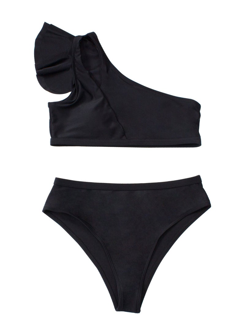 Women's 2 Piece Black Ruffle One Shoulder Bikini Set, Cutout Asymmetrical Bikini Top + High Cut Mid Waist Swim Bottom - Image 2