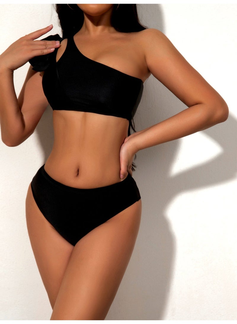 Women's 2 Piece Black Ruffle One Shoulder Bikini Set, Cutout Asymmetrical Bikini Top + High Cut Mid Waist Swim Bottom - Image 1