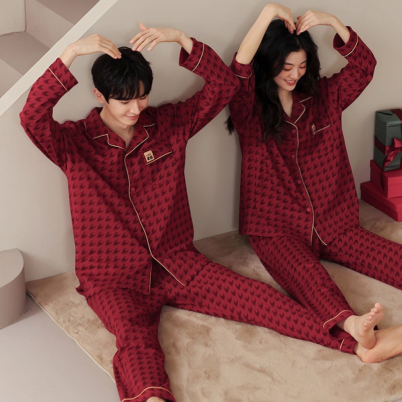 Entity Couple Pajamas Women'S Pure Cotton Cardigan Non-Print Style Pure Cotton Red Wedding Wedding Men'S Home Clothes - Image 3