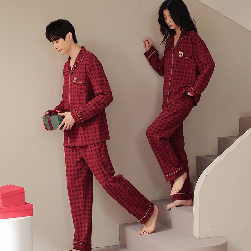 Entity Couple Pajamas Women'S Pure Cotton Cardigan Non-Print Style Pure Cotton Red Wedding Wedding Men'S Home Clothes - Image 5