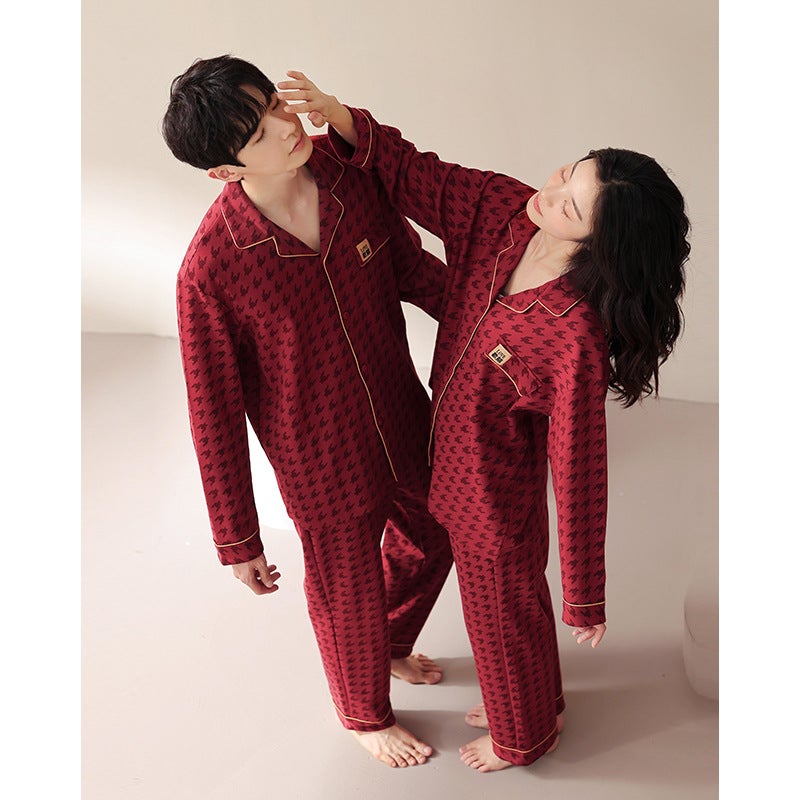 Entity Couple Pajamas Women'S Pure Cotton Cardigan Non-Print Style Pure Cotton Red Wedding Wedding Men'S Home Clothes - Image 2