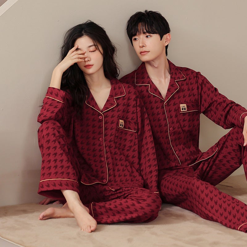 Entity Couple Pajamas Women'S Pure Cotton Cardigan Non-Print Style Pure Cotton Red Wedding Wedding Men'S Home Clothes - Image 4