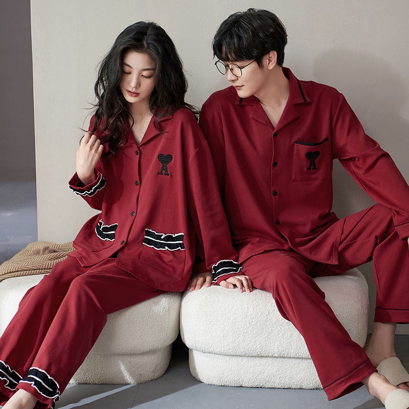 Entity Couple Pajamas Women'S Pure Cotton Cardigan Non-Print Style Pure Cotton Red Wedding Wedding Men'S Home Clothes - Image 1