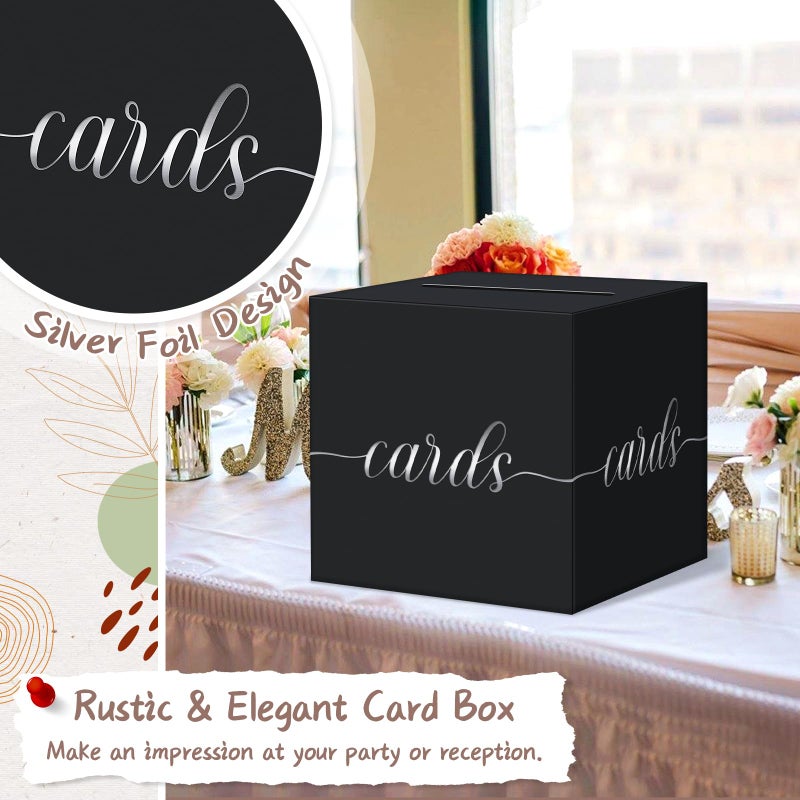 QIKSION Black Wedding Card Box, Silver Foil Gift Card Box for Party, Wedding Reception, Graduation, Birthday, Baby Shower, Raffle - Image 3