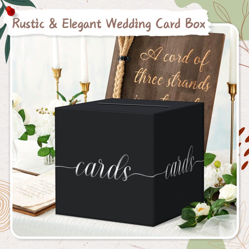 QIKSION Black Wedding Card Box, Silver Foil Gift Card Box for Party, Wedding Reception, Graduation, Birthday, Baby Shower, Raffle - Image 2