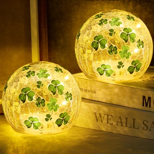 TTQ [Timer] 2 Pcs St Patricks Day Decoration,3.93'' Lighted Decorative Glass Ball,Shamrock Crackle Globe Night Light,Decorative Balls Glass Orb Table Lamp for Home Table Centerpieces Decor Gift - Image 1