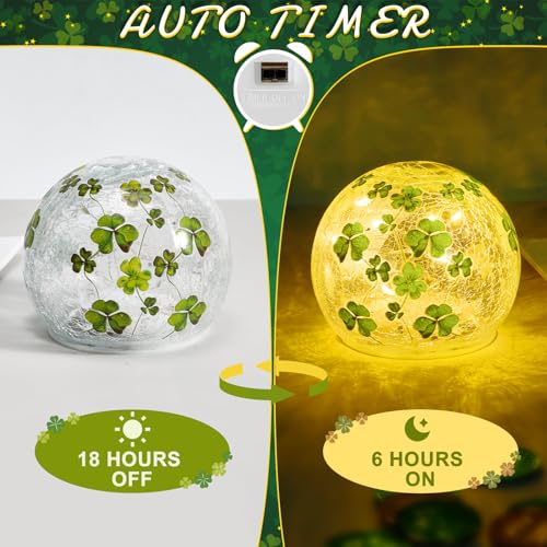 TTQ [Timer] 2 Pcs St Patricks Day Decoration,3.93'' Lighted Decorative Glass Ball,Shamrock Crackle Globe Night Light,Decorative Balls Glass Orb Table Lamp for Home Table Centerpieces Decor Gift - Image 3