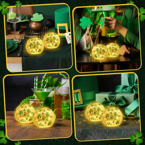 TTQ [Timer] 2 Pcs St Patricks Day Decoration,3.93'' Lighted Decorative Glass Ball,Shamrock Crackle Globe Night Light,Decorative Balls Glass Orb Table Lamp for Home Table Centerpieces Decor Gift - Image 4