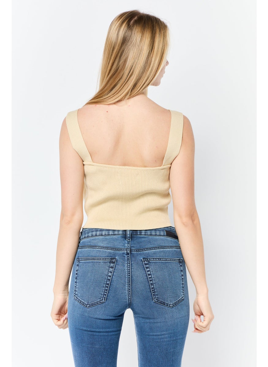 Native Youth Women 2 Pieces Textured Tank Top And Long Sleeves T-Shirt Set, Beige  - Image 2