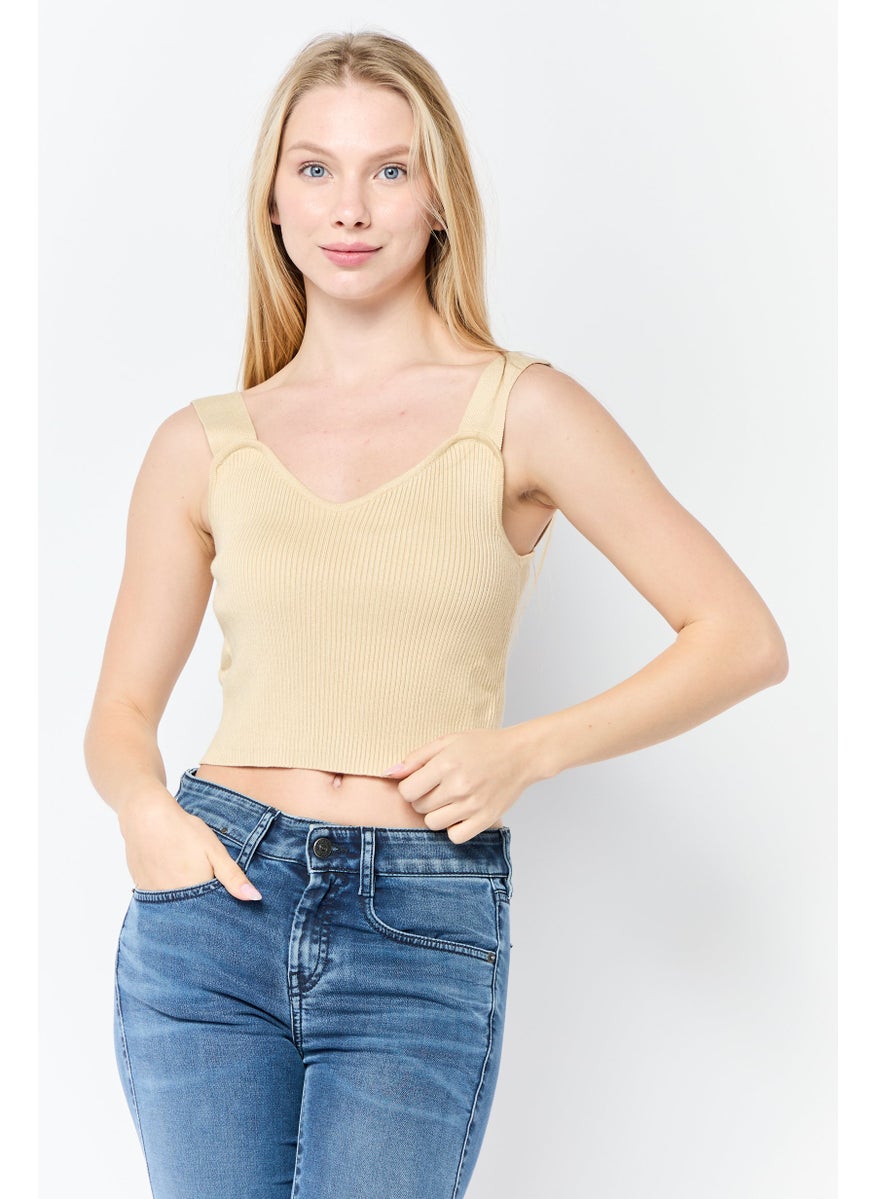 Native Youth Women 2 Pieces Textured Tank Top And Long Sleeves T-Shirt Set, Beige  - Image 4