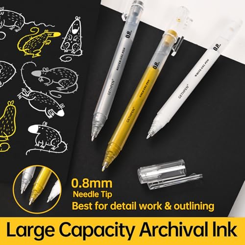 GETHPEN White Gel Pens, 0.8mm Fine Point Gel Ink Pen Set – 3 Pack Opaque Archival Ink for Black Paper Drawing, Sketching, Card Making & Bullet Journaling - Image 3