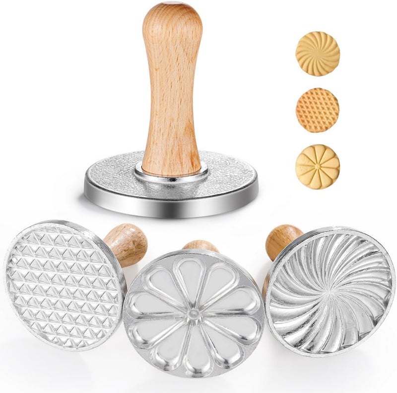 DIY Cookie Stamp Kit of 3, Biscuit Embossers with 3.1 in Zinc Alloy Cutters, Wood Handle Cookie Press Tools for Cake and Pastry - Image 1
