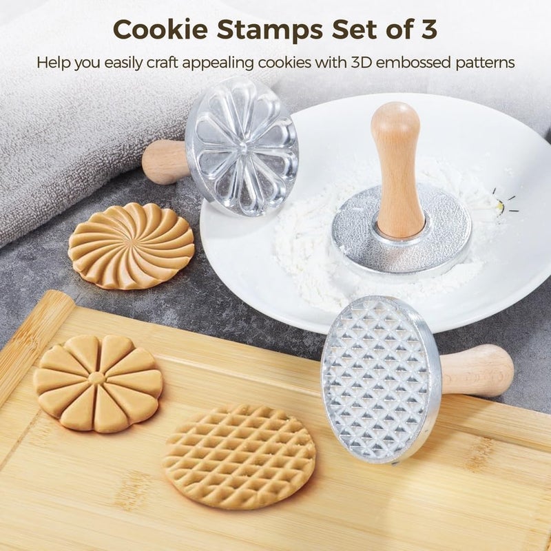 DIY Cookie Stamp Kit of 3, Biscuit Embossers with 3.1 in Zinc Alloy Cutters, Wood Handle Cookie Press Tools for Cake and Pastry - Image 5