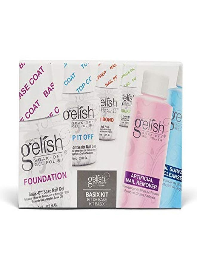 Gelish Mini Complete Basix Gel Nail Polish Prep Essentials Starter Kit With Foundation, Ph Bond, Top It Off, Nourish, Artificial Nail Remover & Cleanser  - Image 1
