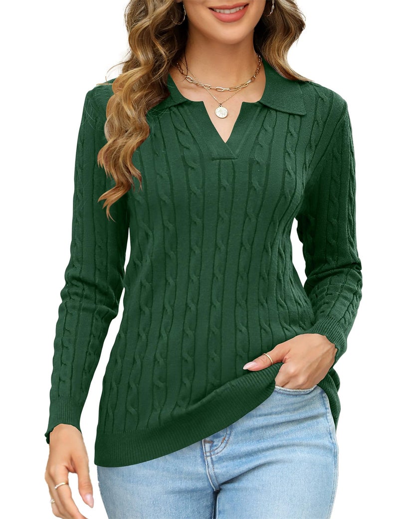 Micoson Womens Long Sleeve V Neck Sweater Lapel Knitted Pullover Fall Winter Tops Trendy 2024 Basic Warm Jumper (Green,S) - Image 2