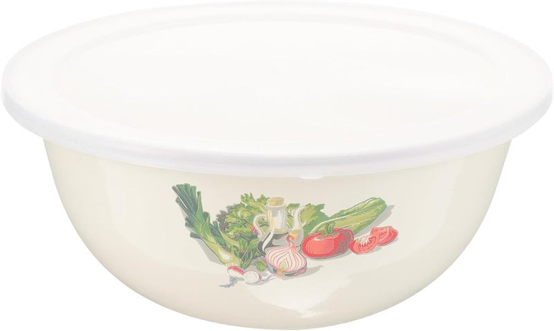 Enamel Kitchen Basin with Lid 20cm Thick Retro Multi-pattern Food Storage Bowl with Feet, Multi-purpose Soup and Salad Mixing Bowl for Home Cooking Random Style - Image 1