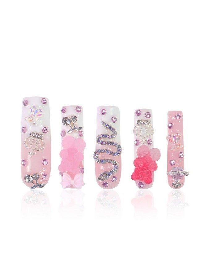 Lovful Press On Nails Gummy Bear Glam | Handmade With Full Covered Crystals | Reusable Fake Nails | Square Mid Length 1.7In | H26-M  - Image 1