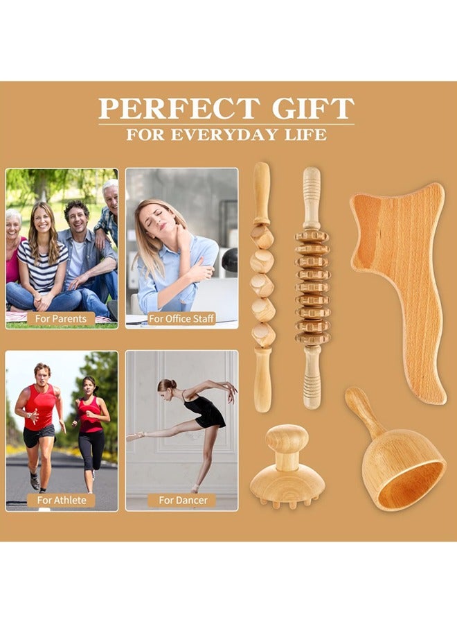 إسكدنيا 5 في 1 أدوات تدليك العلاج بالخشب ، مجموعة أدوات Gua Sha ذات الجسم الخشبي ، مدلك التصريف اللمفاوي المضاد للسيلوليت عصا أسطوانة تدليك اللفافة لتشكيل الجسم - Image 5