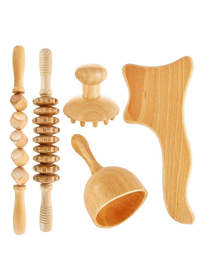 إسكدنيا 5 في 1 أدوات تدليك العلاج بالخشب ، مجموعة أدوات Gua Sha ذات الجسم الخشبي ، مدلك التصريف اللمفاوي المضاد للسيلوليت عصا أسطوانة تدليك اللفافة لتشكيل الجسم - Image 1