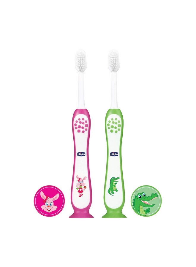 Chicco Manual Toothbrush Set For Kids Pink + Green 3Y-8Y - Image 1