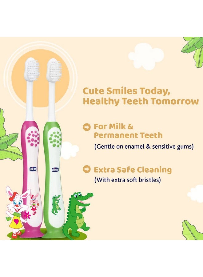 Chicco Manual Toothbrush Set For Kids Pink + Green 3Y-8Y - Image 2