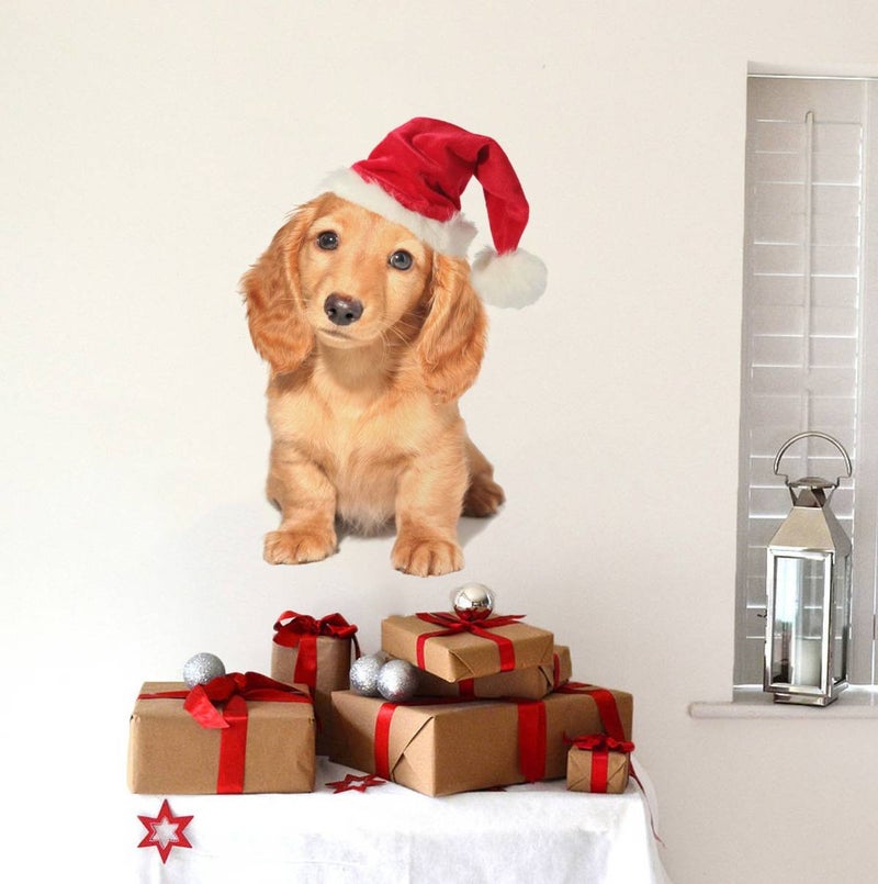 Rawpockets Rawpockets Decals Dog with Christmas Cap Medium Size Wall Sticker Wall Coverage Area Height 60 cms X Width 45 cmsPack of 1 - Image 1