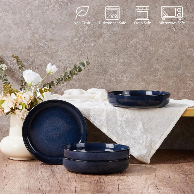 E-far Pasta Bowls Set of 4, 35oz Ceramic Large Salad Plate Bowls for Kitchen, Wide and Shallow Design for Serving Soup Pasta, Double Reactive Glaze, Dishwasher & Microwave Safe, Deep Sea Blue - Image 2