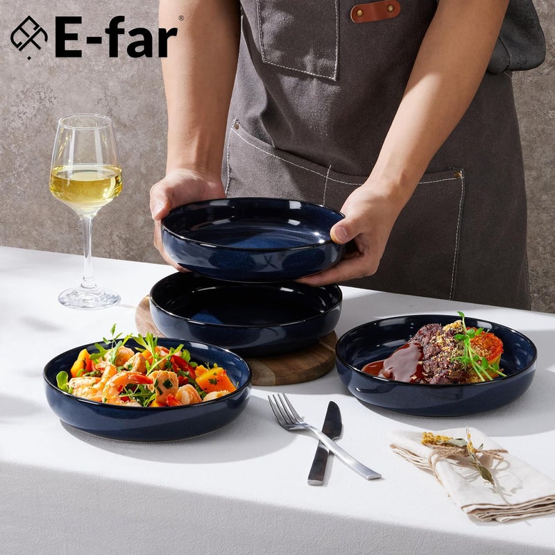 E-far Pasta Bowls Set of 4, 35oz Ceramic Large Salad Plate Bowls for Kitchen, Wide and Shallow Design for Serving Soup Pasta, Double Reactive Glaze, Dishwasher & Microwave Safe, Deep Sea Blue - Image 4