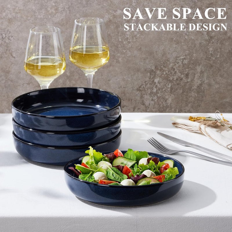 E-far Pasta Bowls Set of 4, 35oz Ceramic Large Salad Plate Bowls for Kitchen, Wide and Shallow Design for Serving Soup Pasta, Double Reactive Glaze, Dishwasher & Microwave Safe, Deep Sea Blue - Image 3