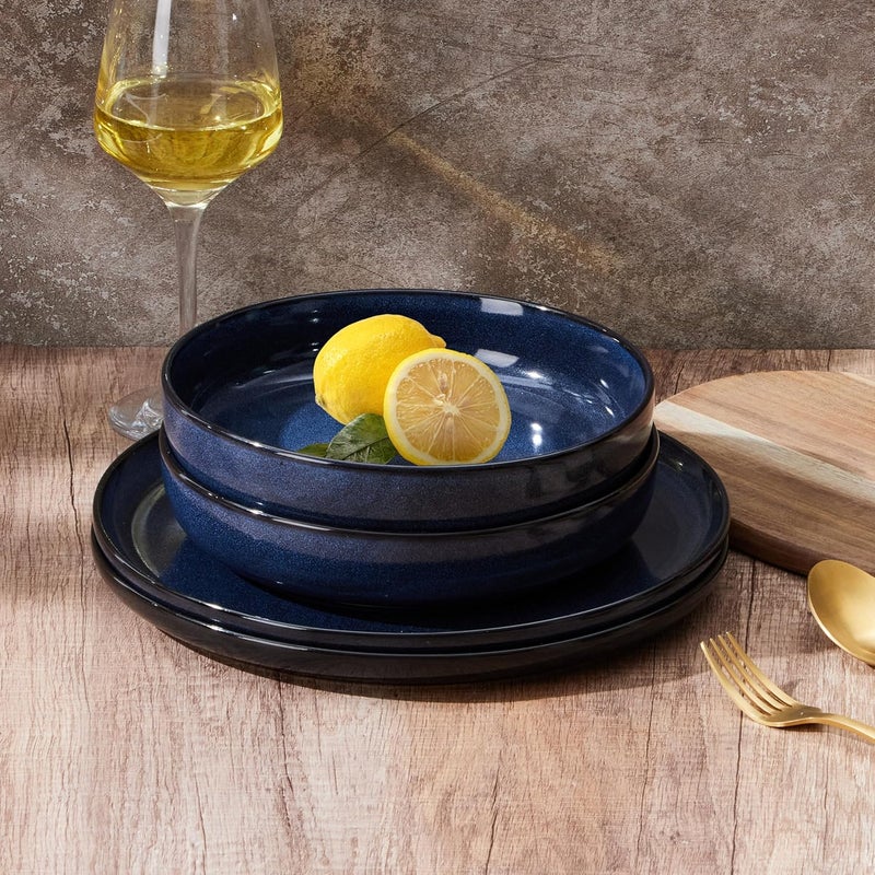 E-far Pasta Bowls Set of 4, 35oz Ceramic Large Salad Plate Bowls for Kitchen, Wide and Shallow Design for Serving Soup Pasta, Double Reactive Glaze, Dishwasher & Microwave Safe, Deep Sea Blue - Image 5