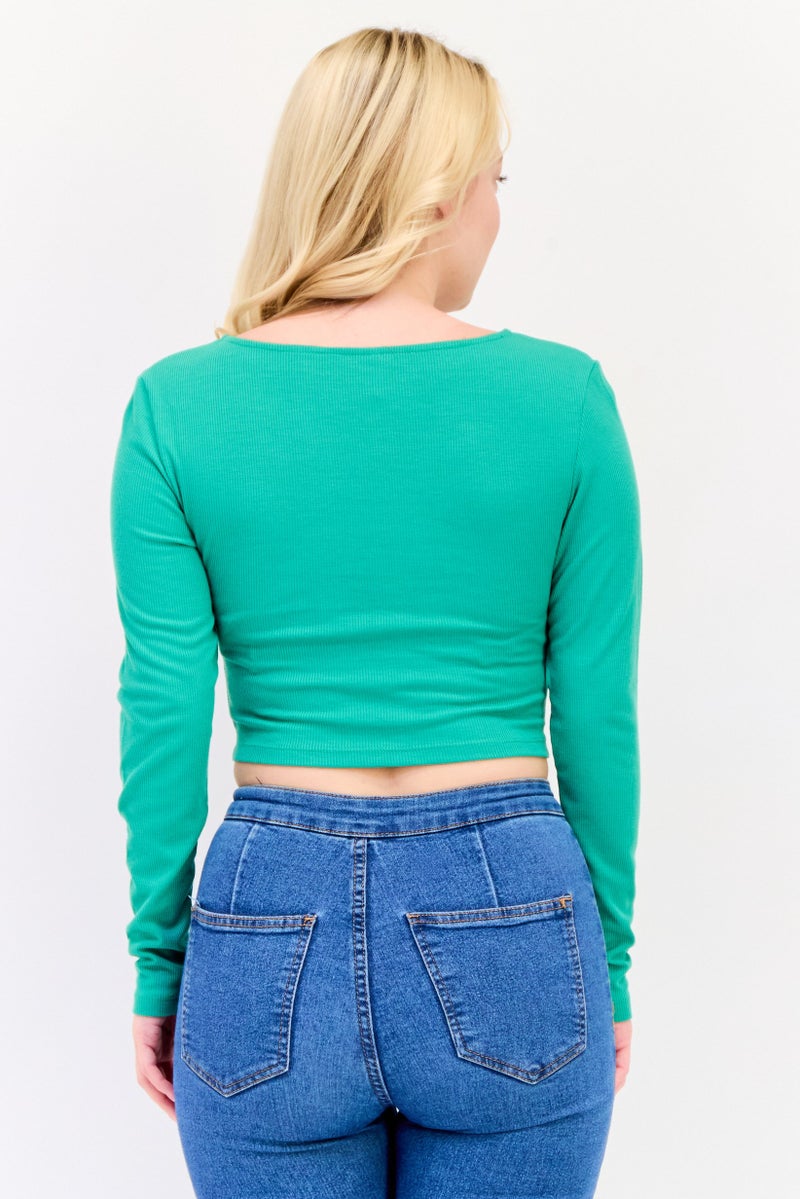 ONLY Women V-Neck Long Sleeve Ribbed Top, Green - Image 2