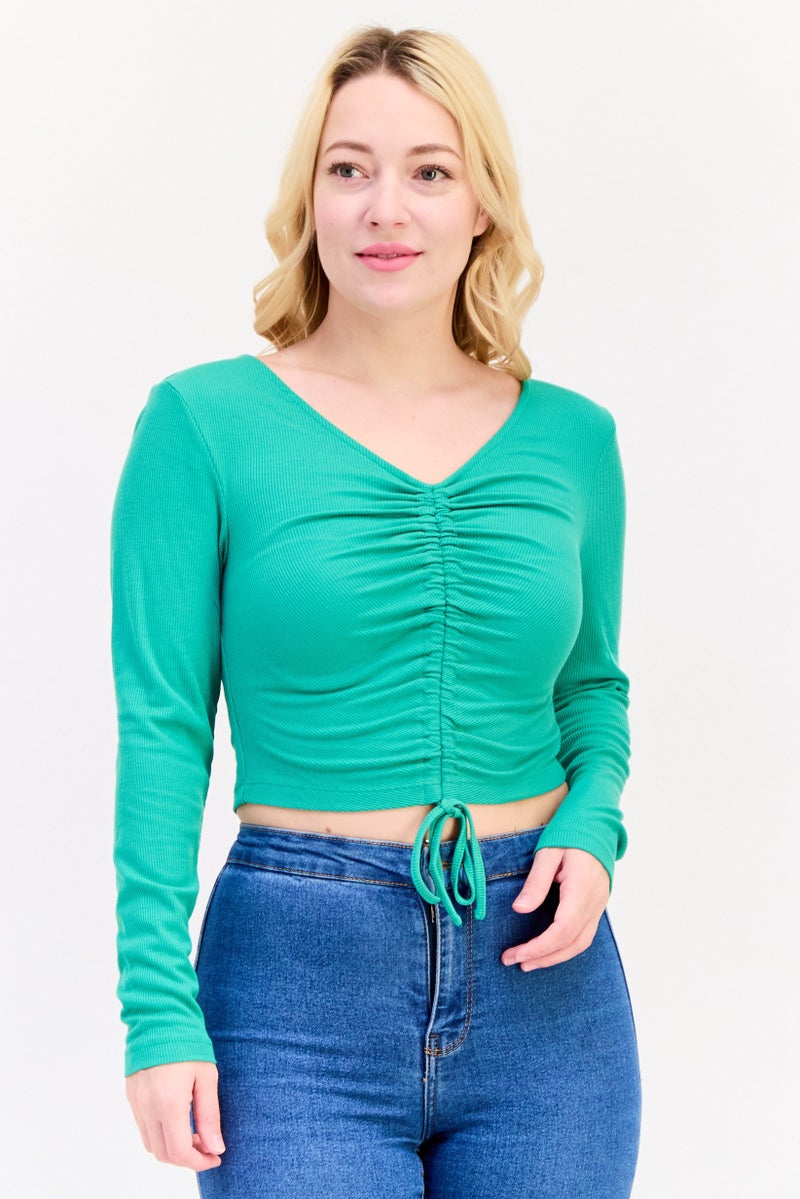 ONLY Women V-Neck Long Sleeve Ribbed Top, Green - Image 1