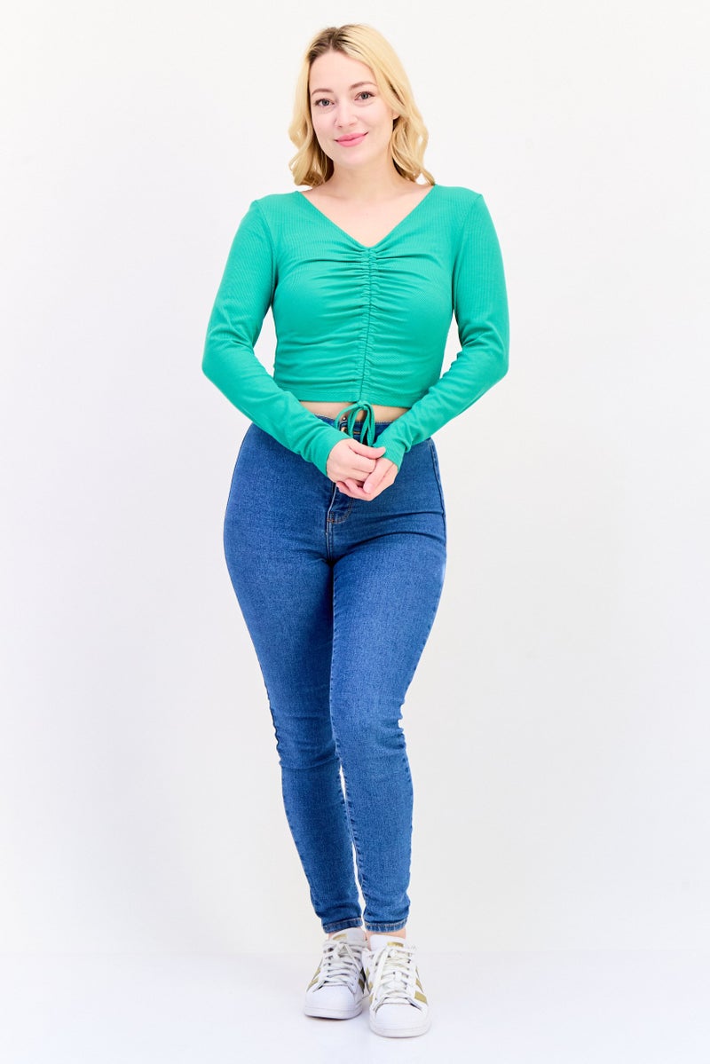 ONLY Women V-Neck Long Sleeve Ribbed Top, Green - Image 3