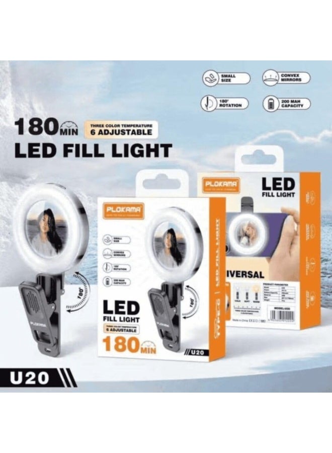 التخطيط مصباح حلقي LED، إضاءة تعبئة قابلة للدوران 180 درجة مع 6 درجات حرارة لونية قابلة للتعديل، مصباح هاتف عالمي بمشبك، عمر بطارية يصل إلى 180 دقيقة، موديل U20 - Image 5