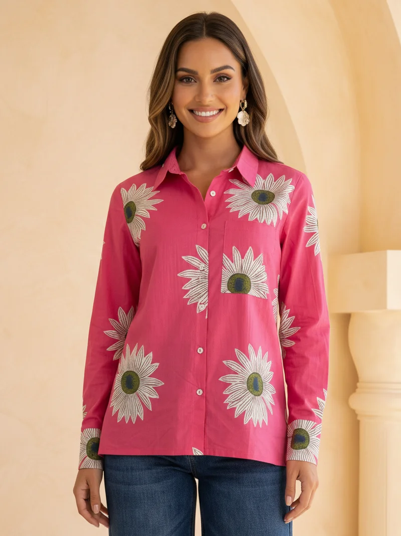 جلو باص Globus Women Pink Collared Neck Cuffed Sleeves Floral Print Shirt Style Tunic